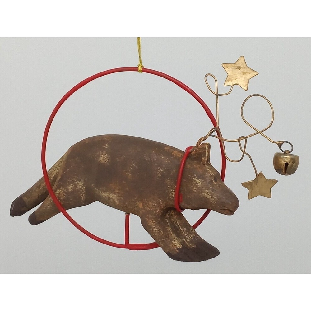 Vintage Wooden Circus Pig In Hoop Ring Ornament Christmas Decoration Stars Bell